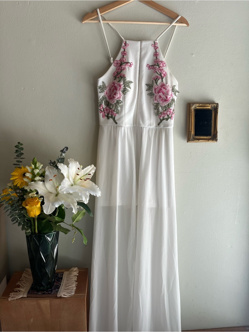 White Maxi Dress with Pink Floral Embroidery and Spaghetti Straps